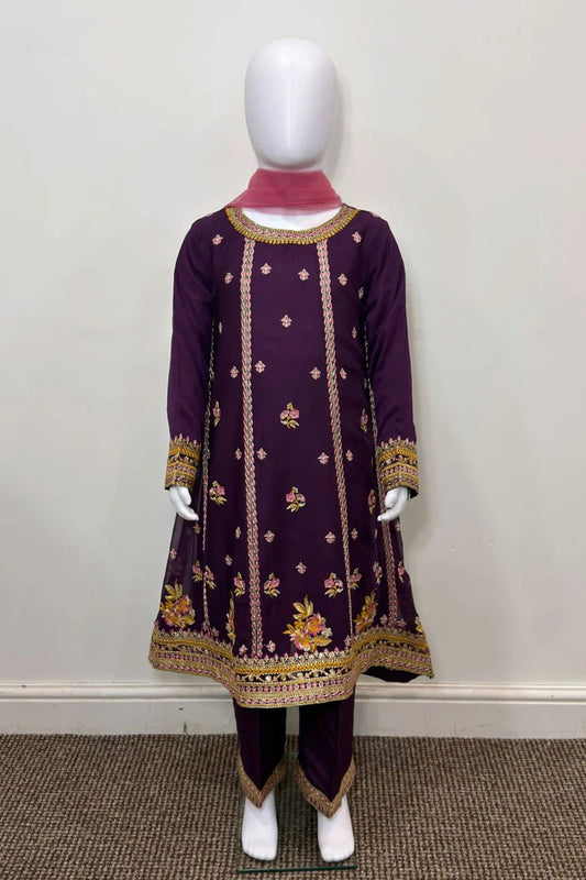 Motif Girls Chiffon Embroidered Suit-040