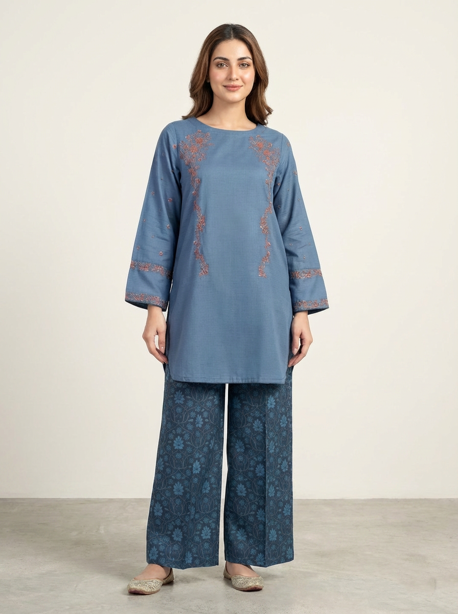 Motif Solid Embroidered Co-ord Set-017