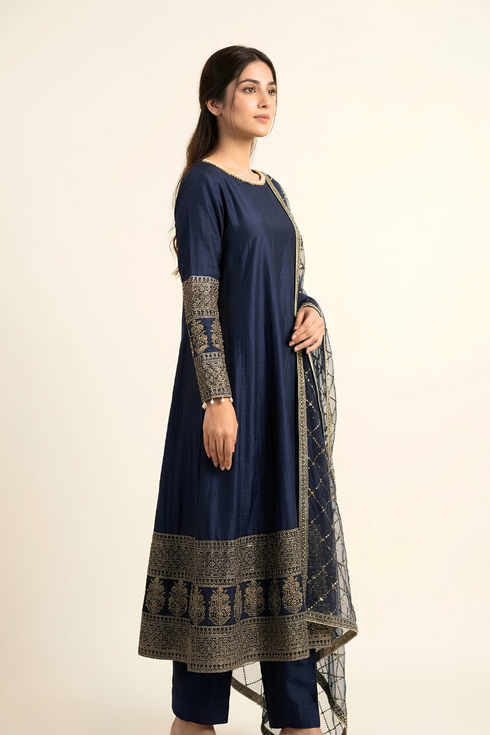 Motif Raw Silk Embroidered Frock-032