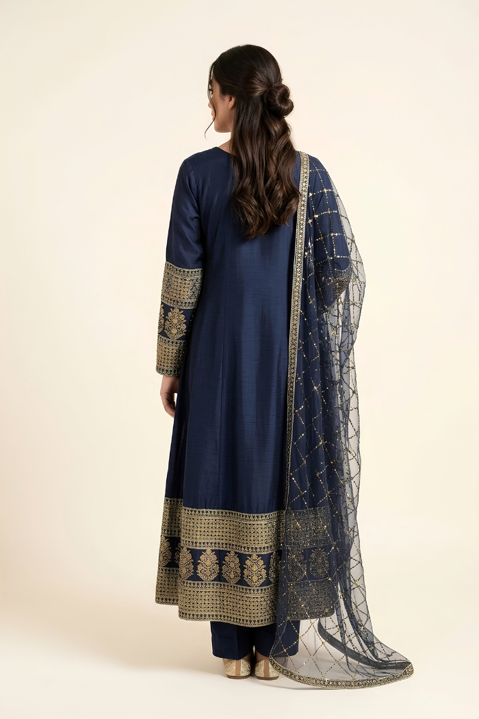 Motif Raw Silk Embroidered Frock-032