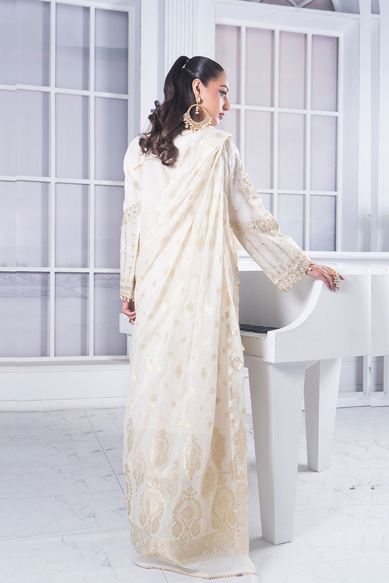 Motif Cotton Net Embroidered Suit-3846