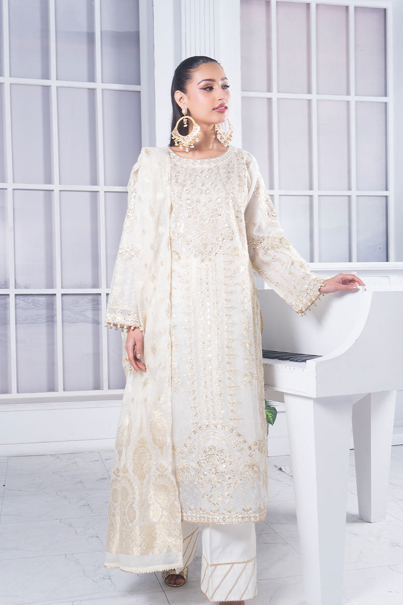 Motif Cotton Net Embroidered Suit-3846
