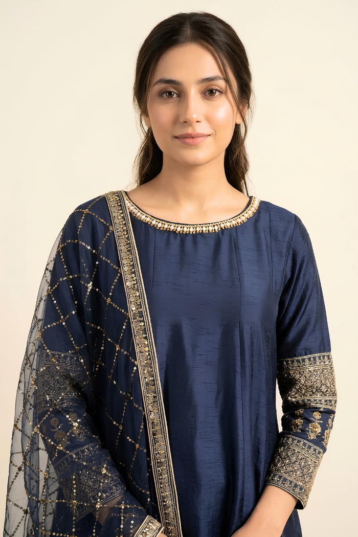 Motif Raw Silk Embroidered Frock-032