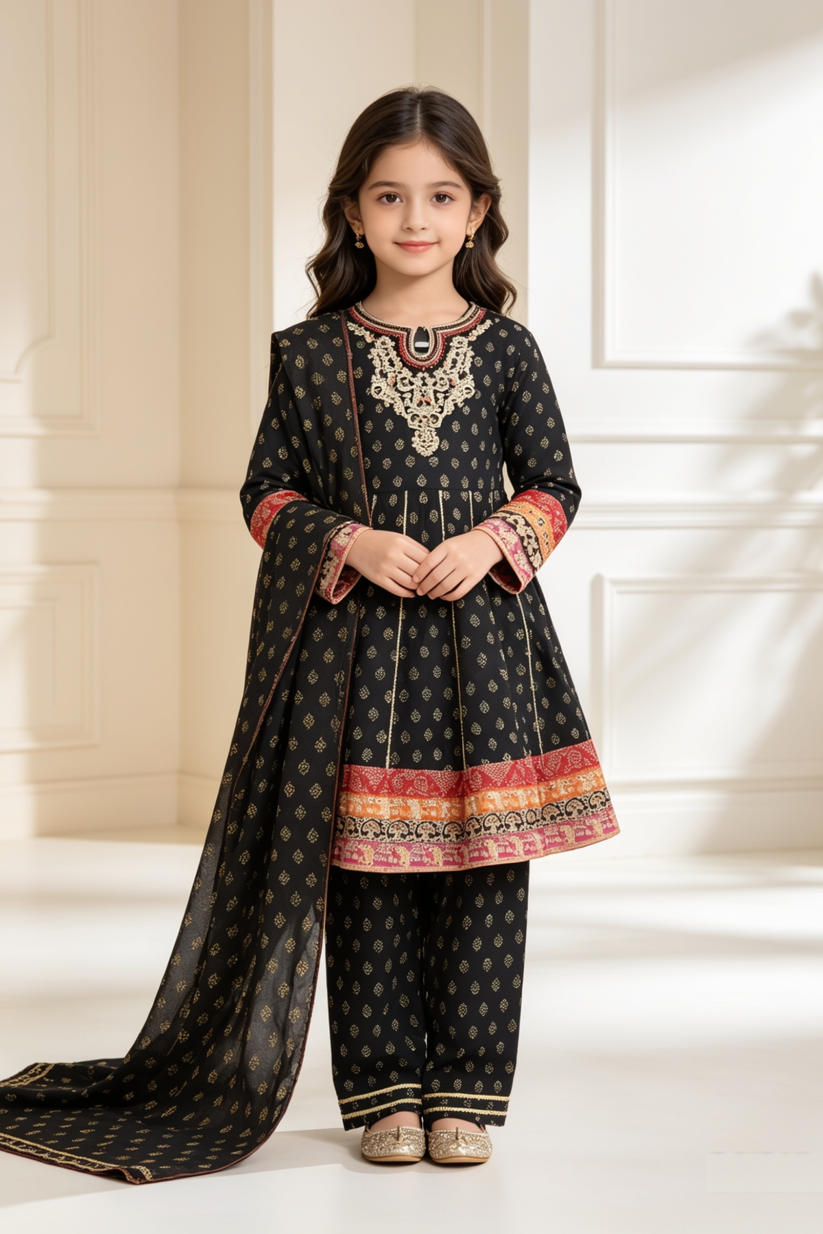Motif Girls Embroidered Cotton Suit-26502
