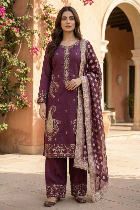 Motif Embroidered Raw Silk Suit-4118