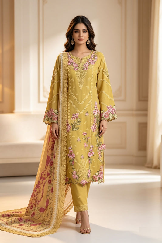 Motif Embroidered Cotton Suit-1838