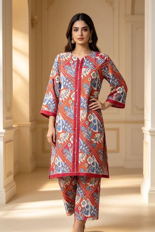 Motif Printed Cambric Co-Ord Set-077