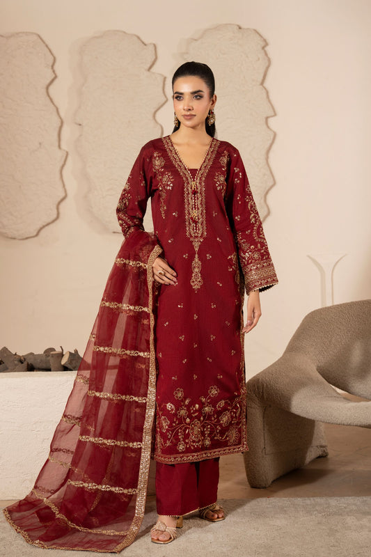 Motif Embroidered Raw Silk Suit-4088