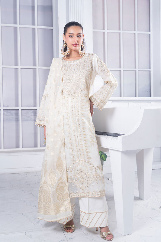 Motif Cotton Net Embroidered Suit-3846