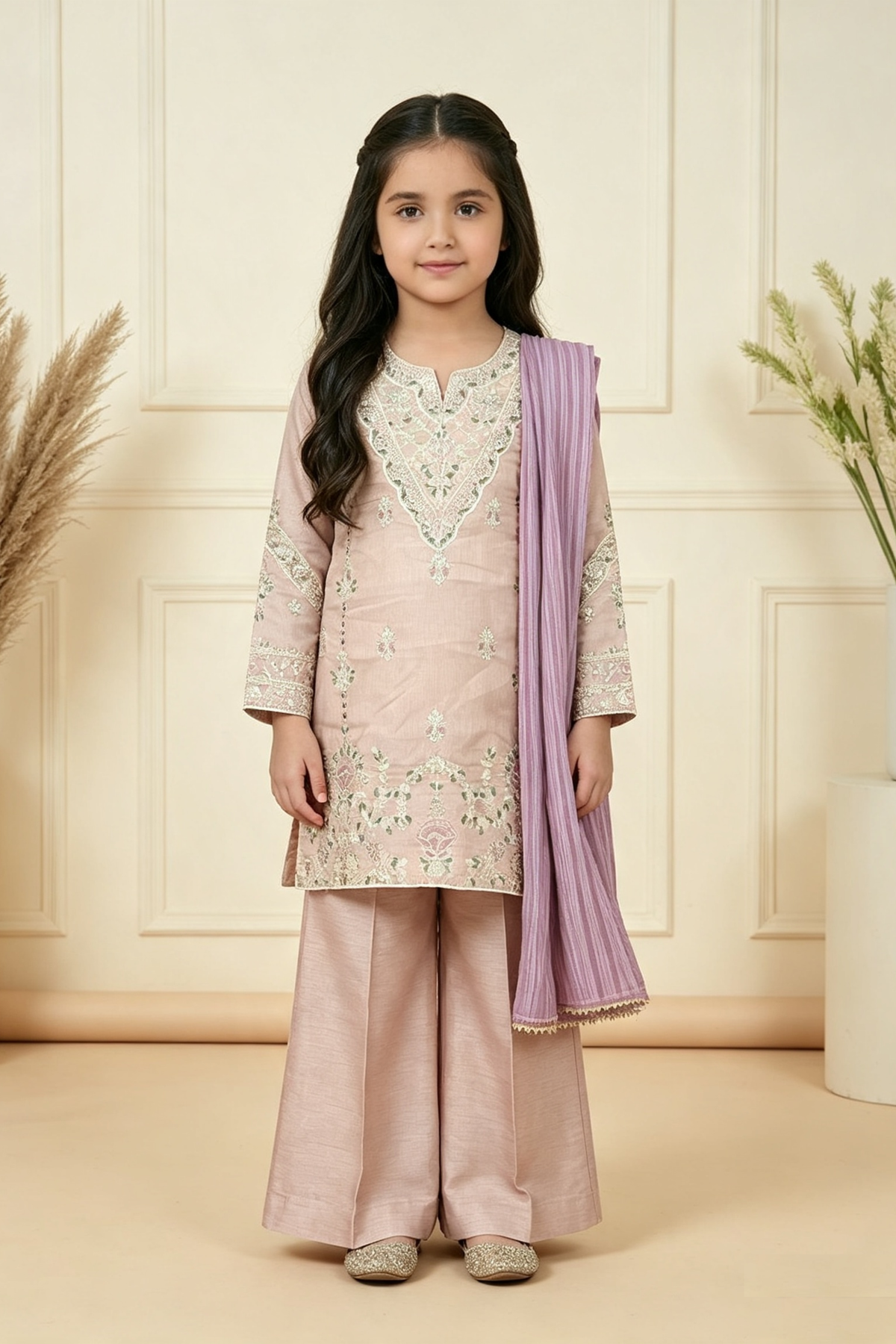 Motif Girls Embroidered Raw Silk Suit-731