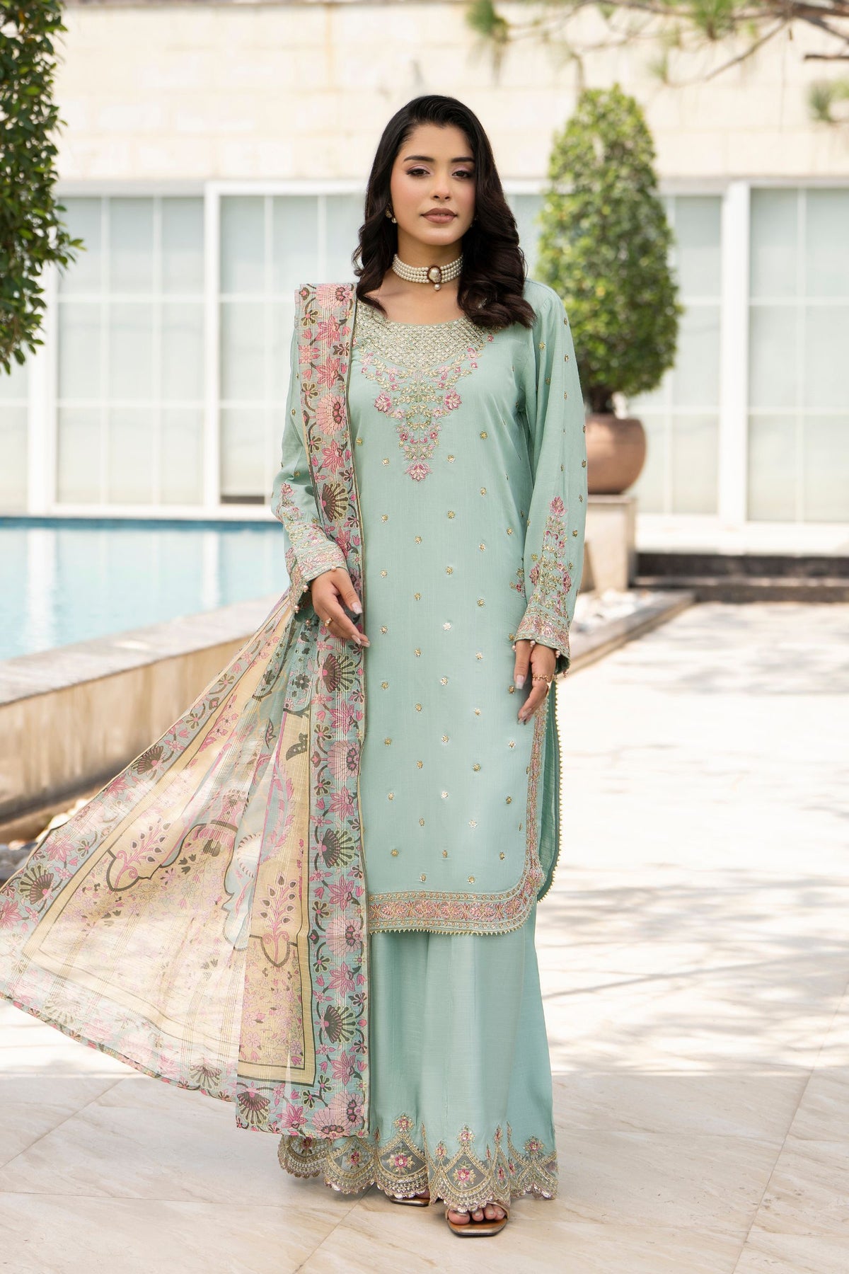 Motif Raw Silk Embroidered Suit-4095
