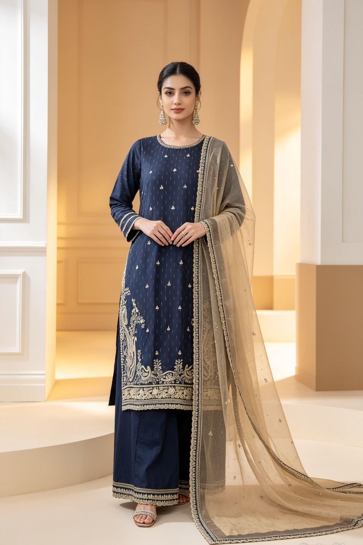 Motif Embroidered Cotton Suit-032