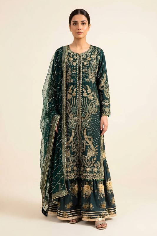 Motif Raw Silk Embroidered Suit-4258