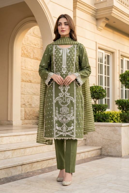 Motif Embroidered Cotton Suit-3832