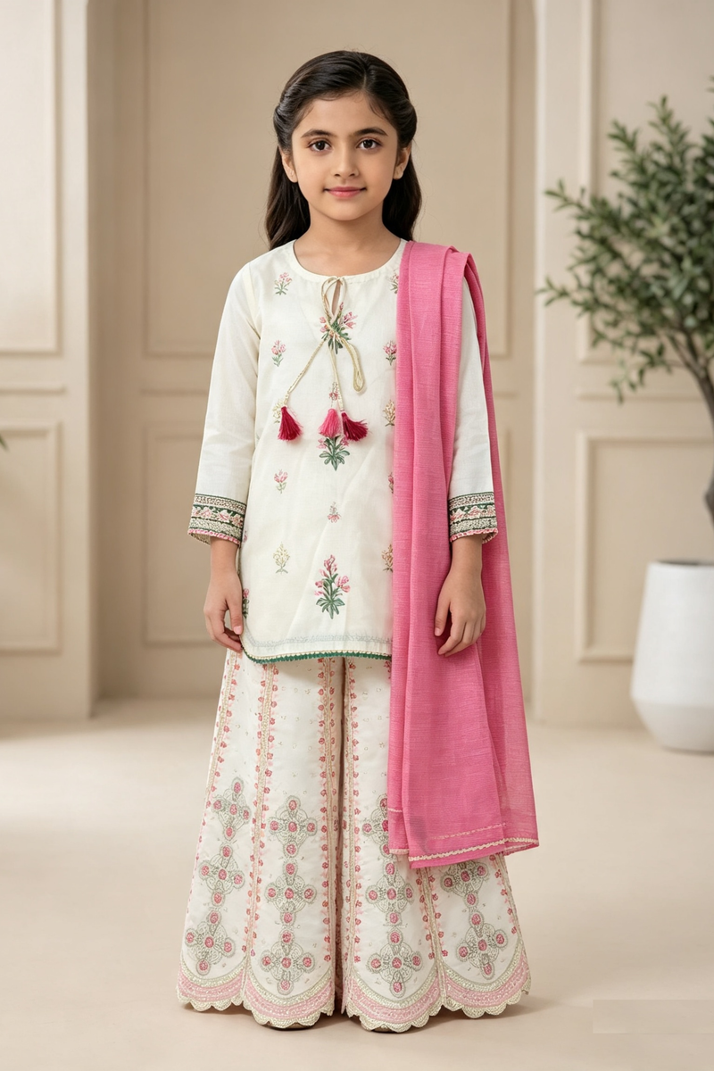 Motif Girls Embroidered Raw Silk Suit-726