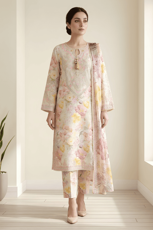 Motif PolyLawn Printed Embroidered Suit-4145