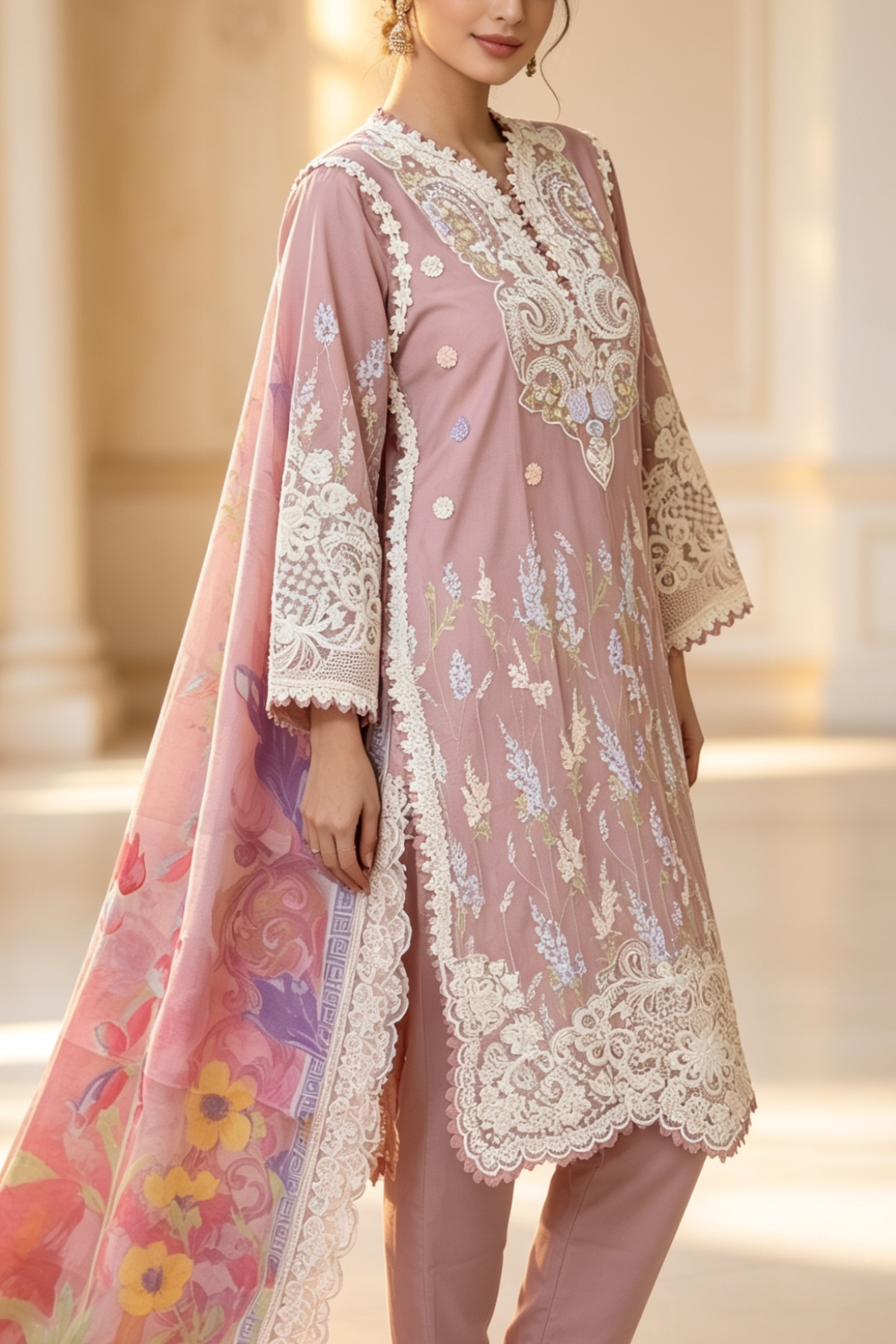 Motif Embroidered Cotton Suit-1835