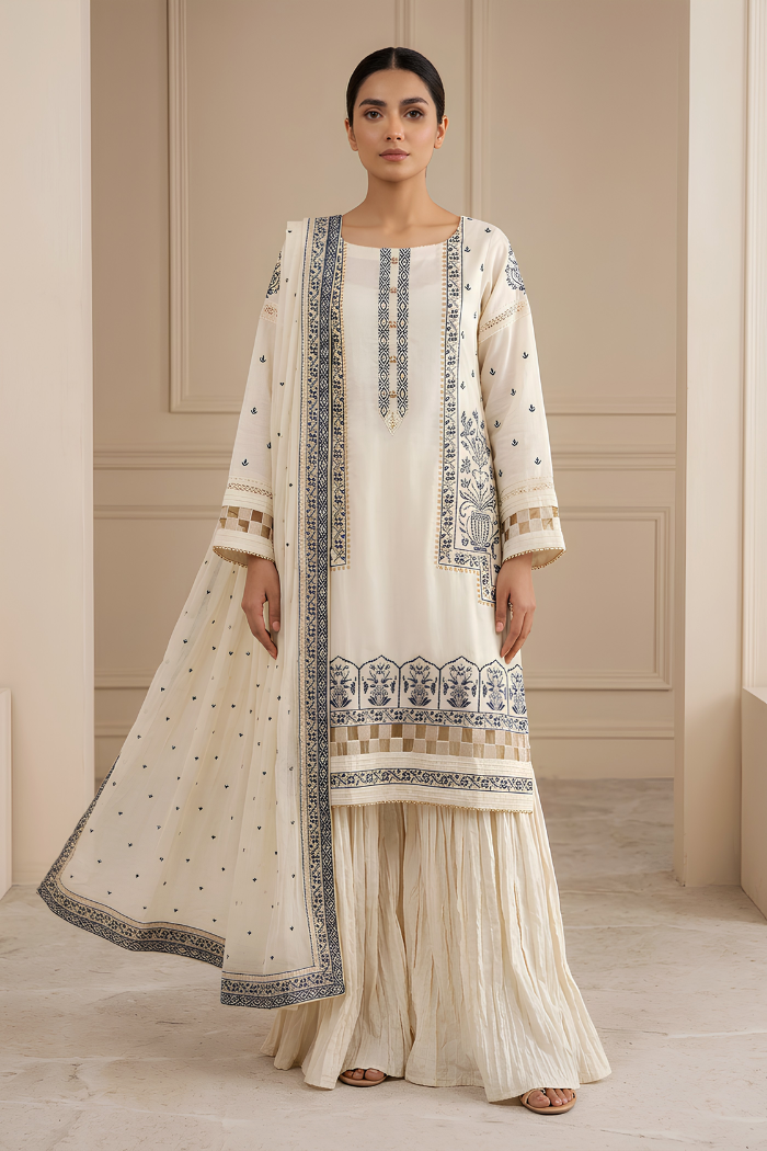 Motif Raw Silk Embroidered Suit-025