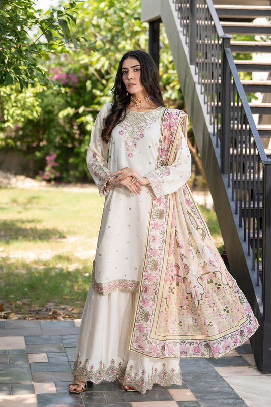 Motif Raw Silk Embroidered Suit-4095