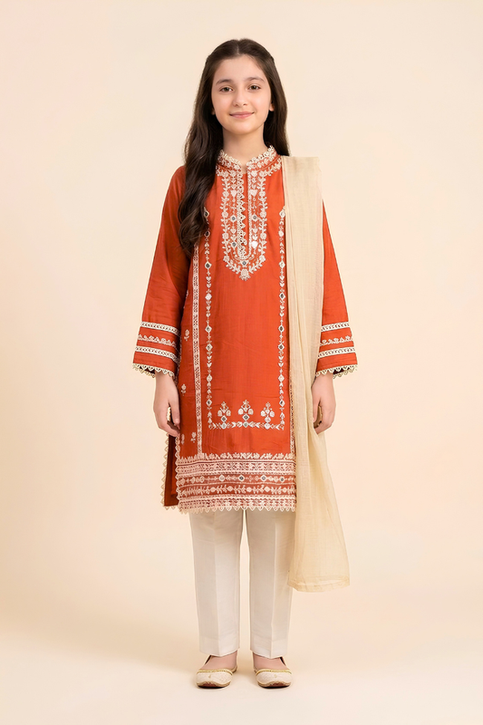 Motif Girls Embroidered Raw Silk Suit-735