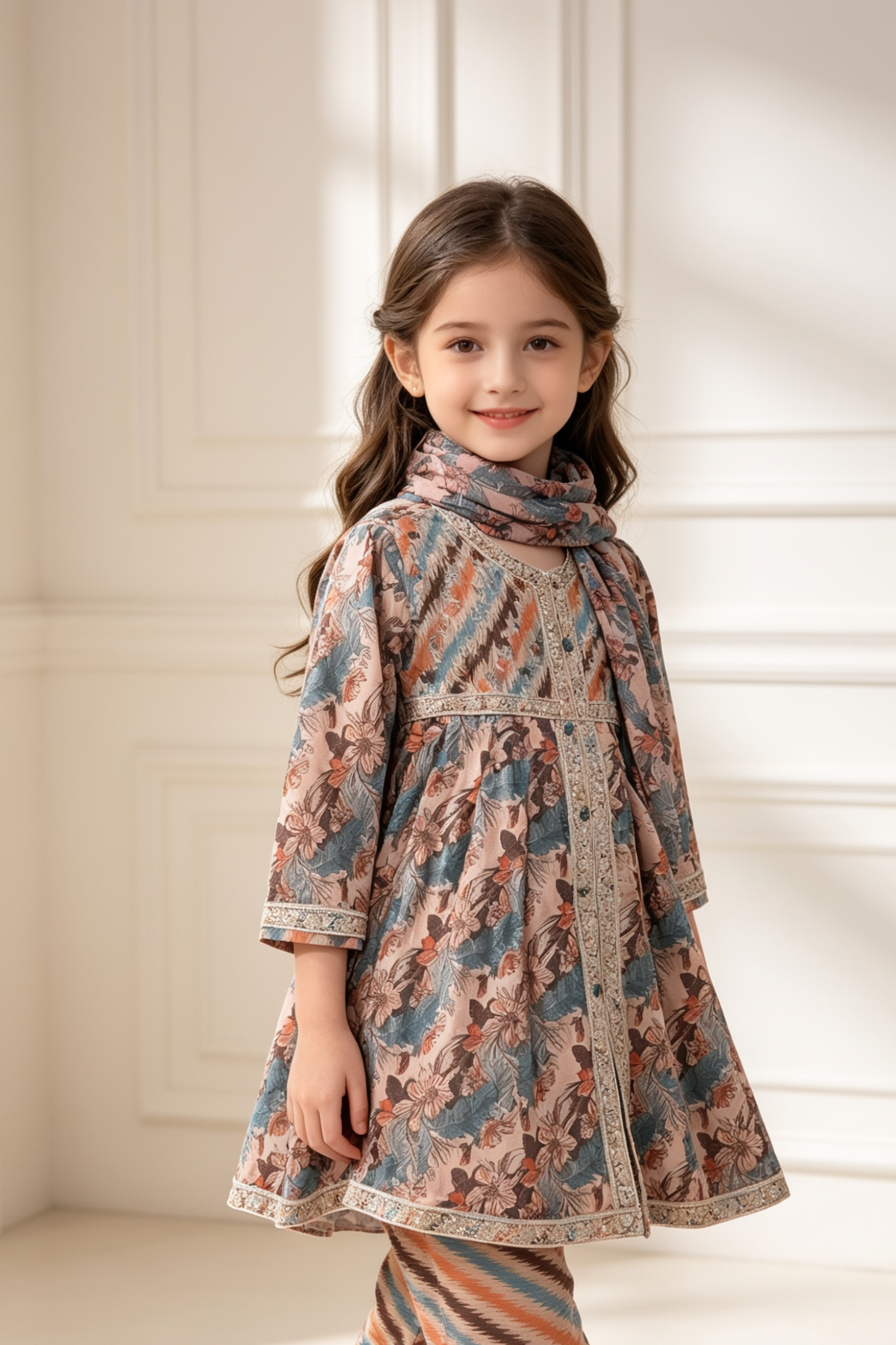 Motif Girls Embroidered Cotton Suit-26553