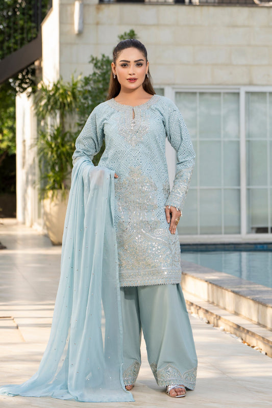 Motif Silk Cotton Embroidered Suit-4084
