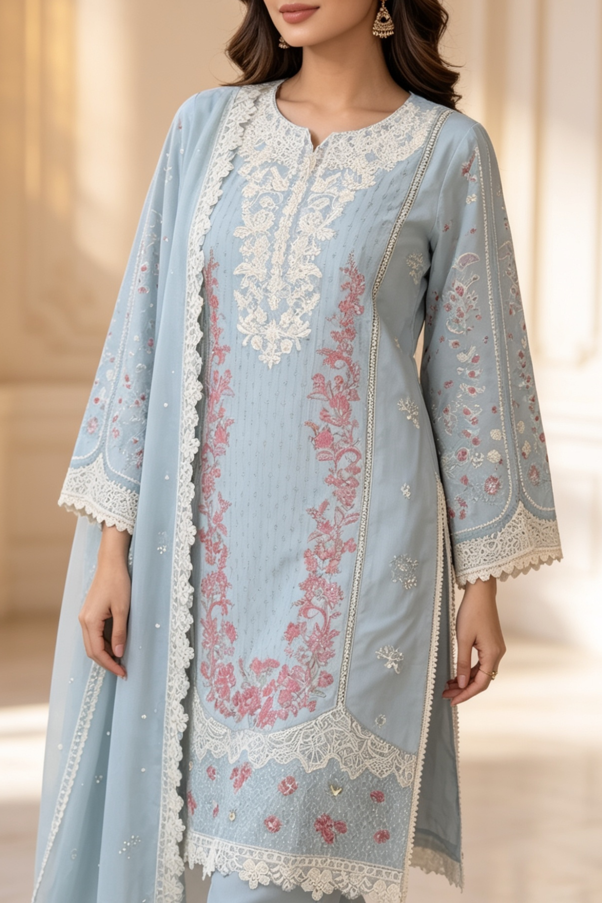 Motif Embroidered Cotton Suit-1842