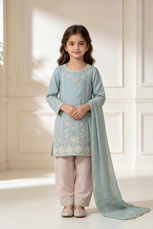 Motif Girls Embroidered Viscose Suit-725