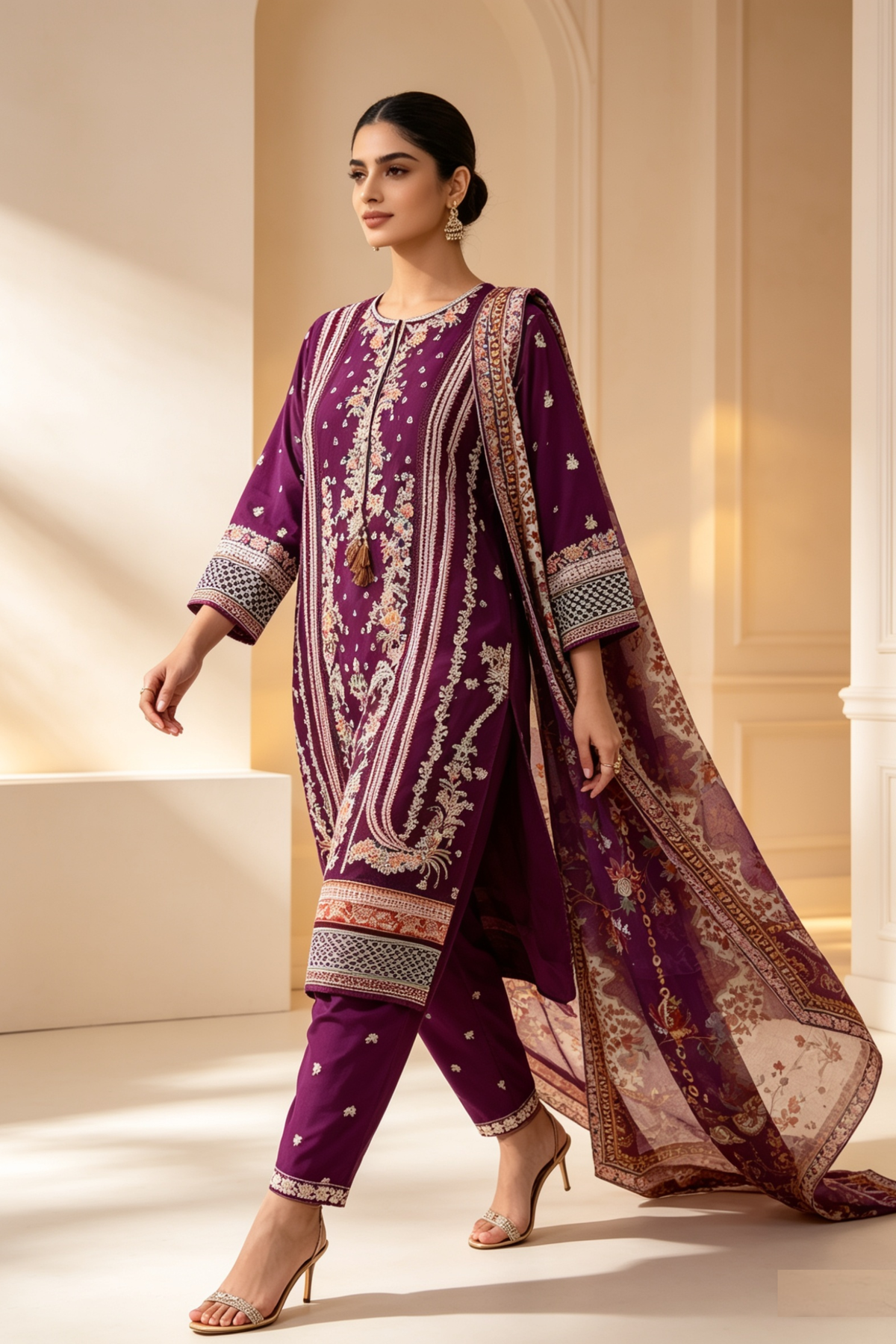 Motif Embroidered Cotton Suit-1840