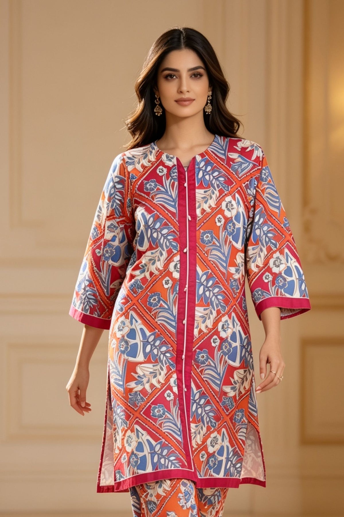 Motif Printed Cambric Co-Ord Set-077