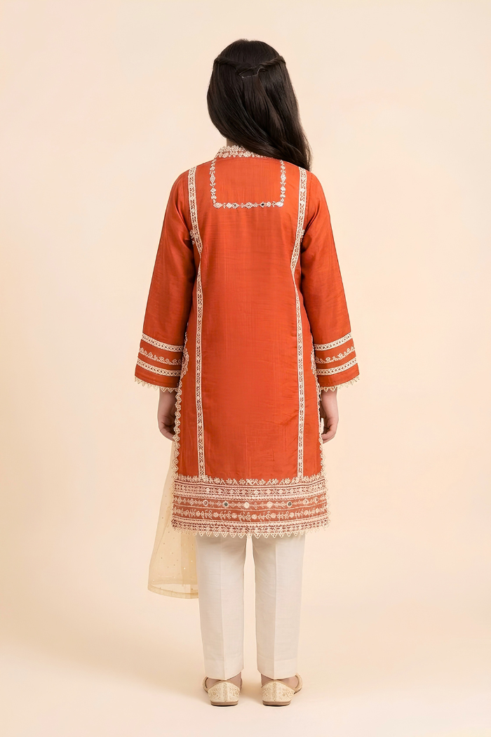Motif Girls Embroidered Raw Silk Suit-735