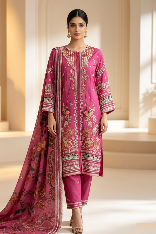 Motif Embroidered Cotton Suit-1837