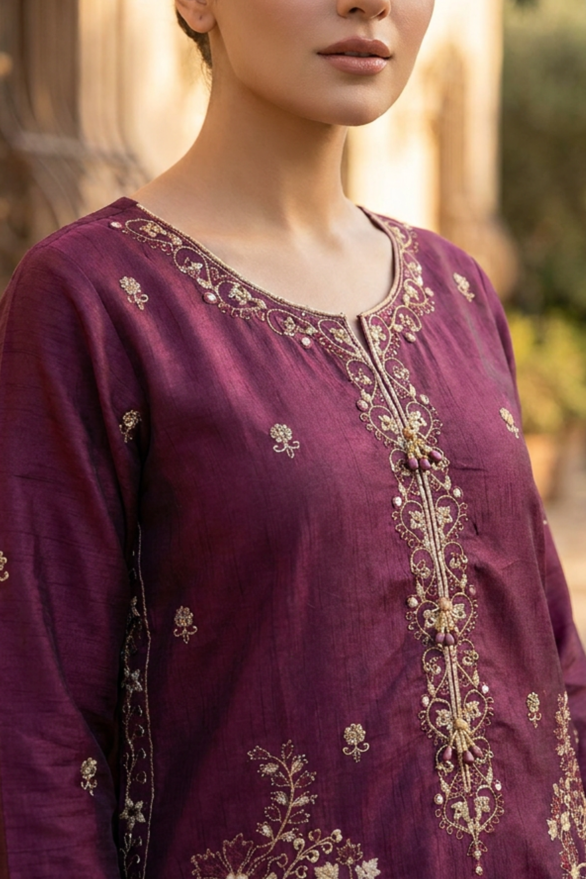 Motif Embroidered Raw Silk Suit-4118