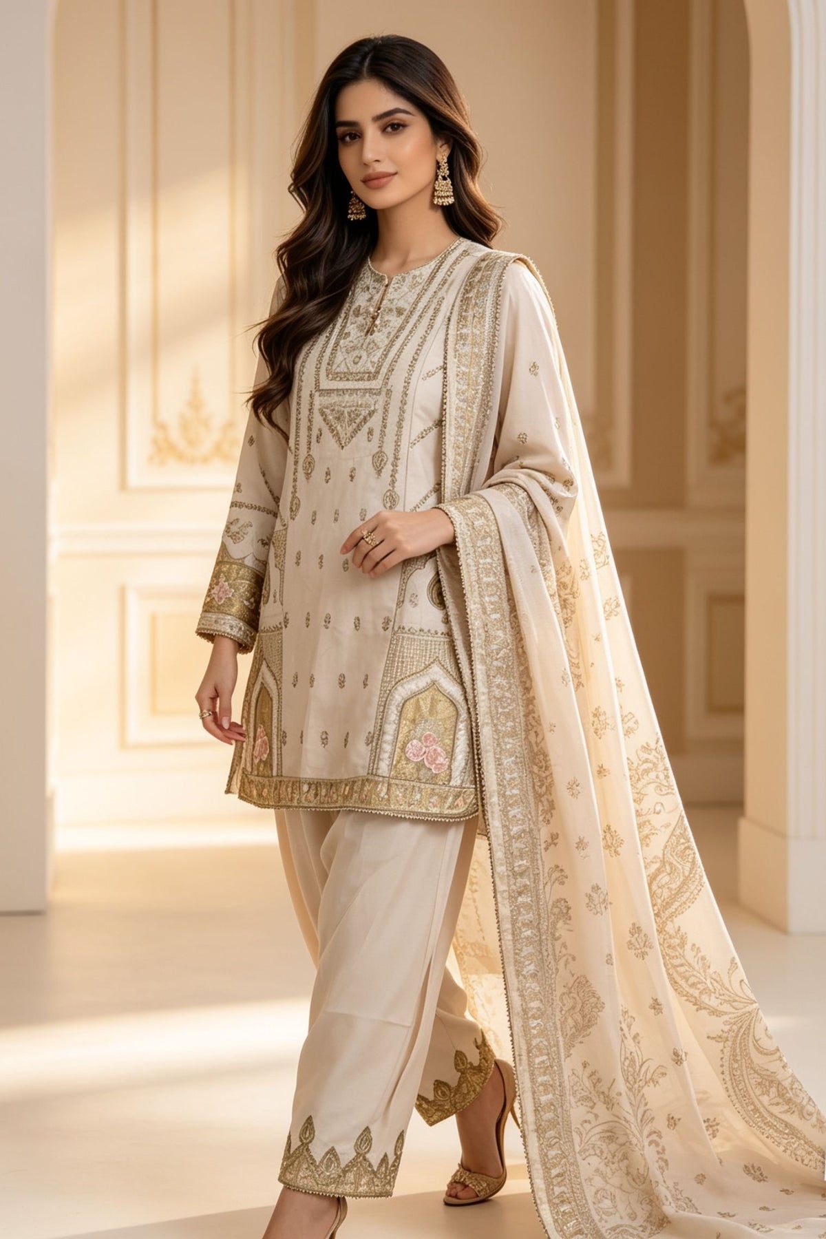 Motif Embroidered Viscose Suit-4149