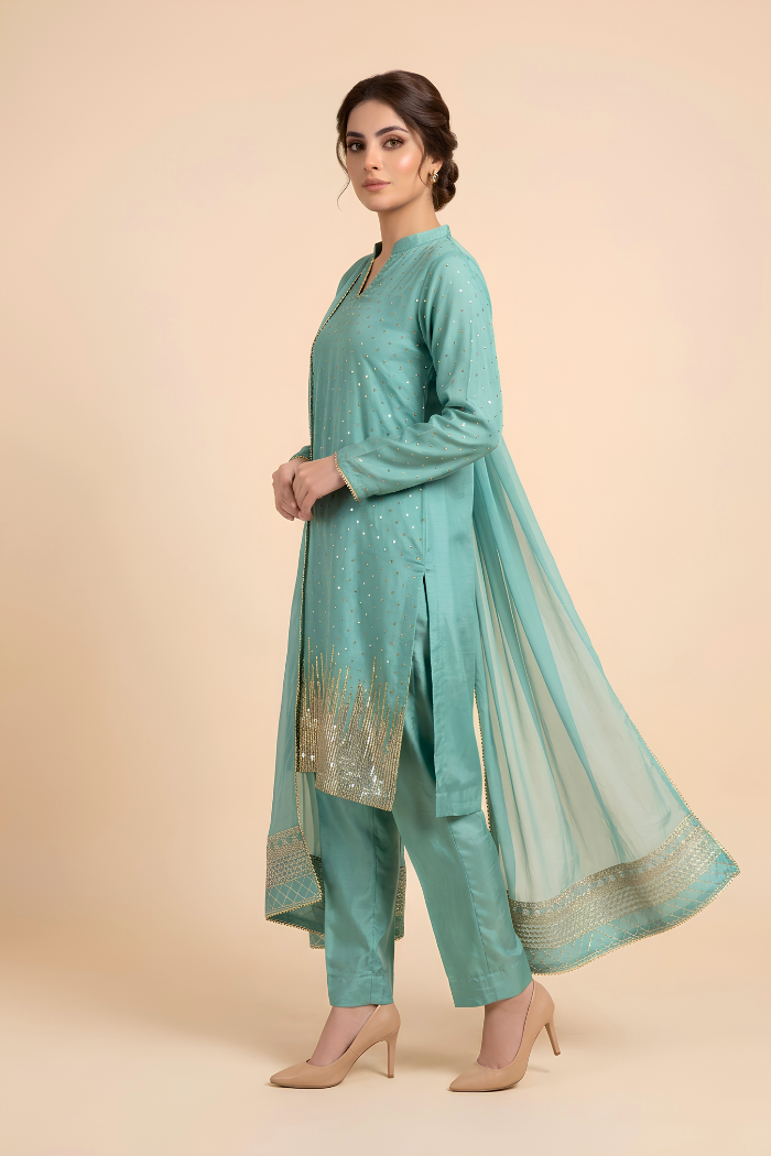 Motif Tissue Silk Embroidered Suit-240