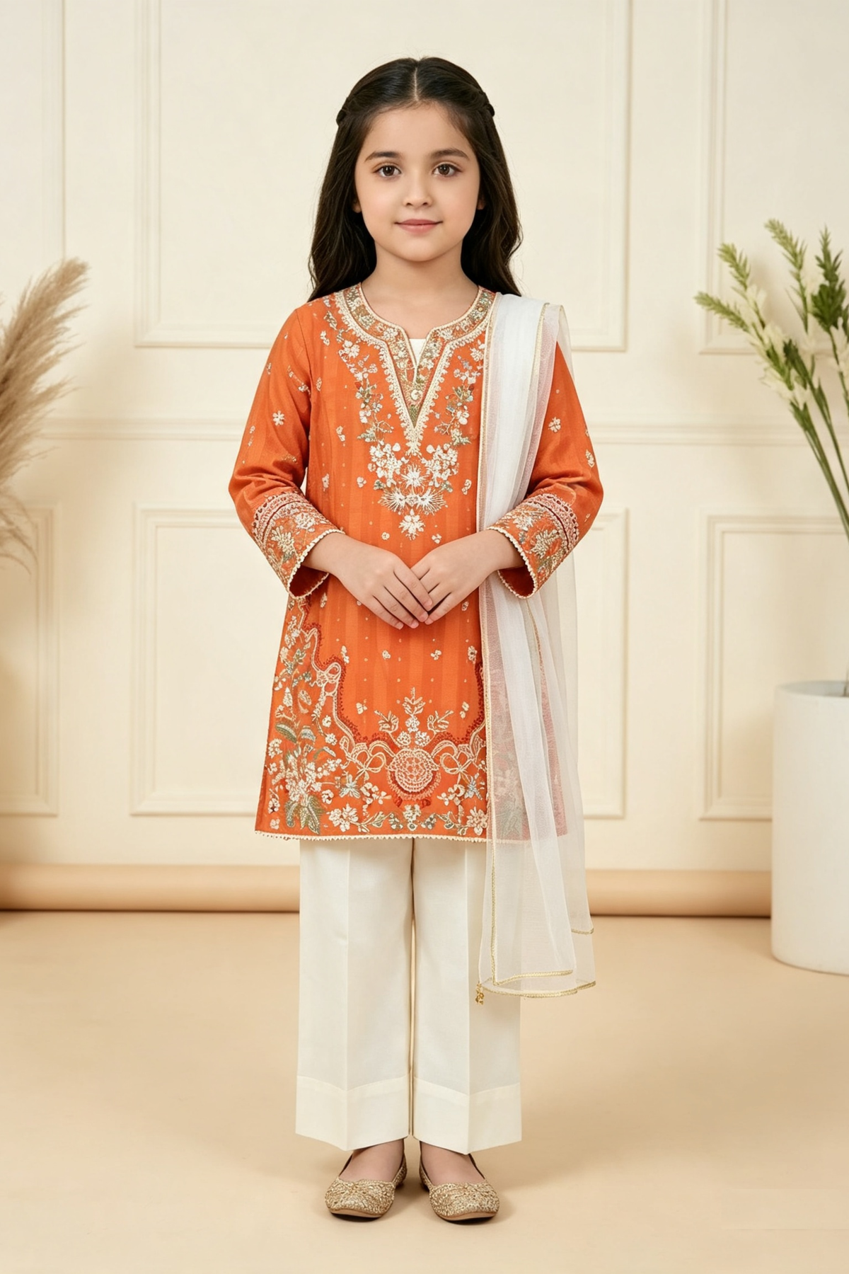 Motif Girls Embroidered Cambric Suit-063
