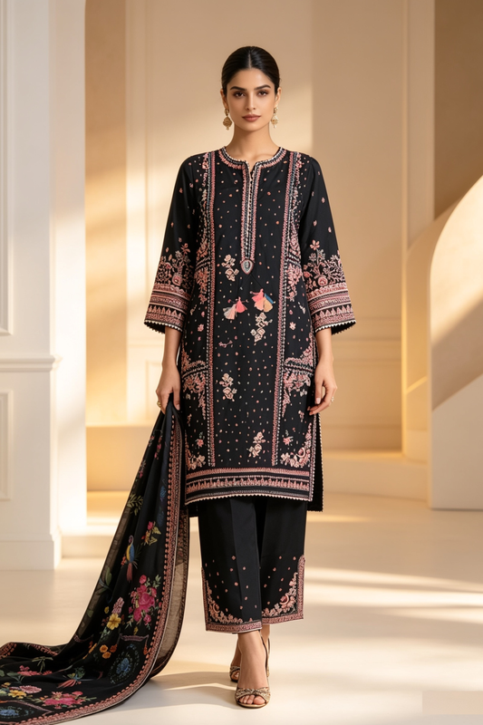 Motif Embroidered Cotton Suit-1841