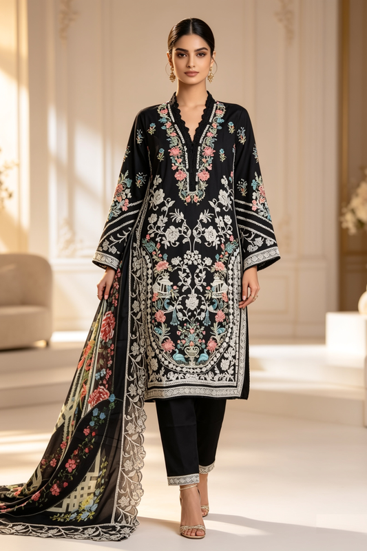 Motif Embroidered Cotton Suit-1839