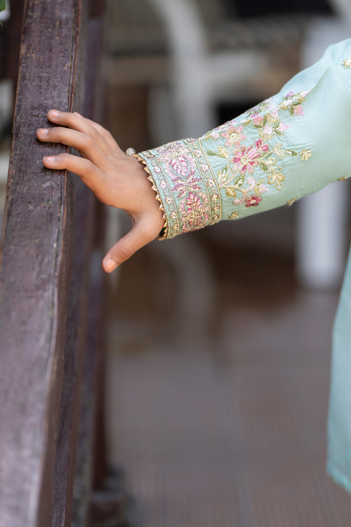 Motif Girls Embroidered Silk Suit-710