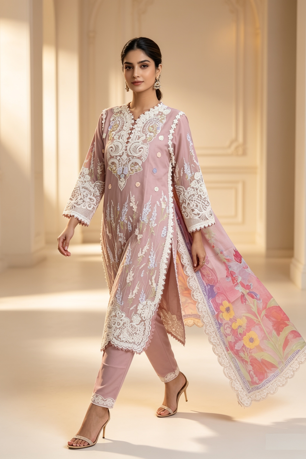 Motif Embroidered Cotton Suit-1835