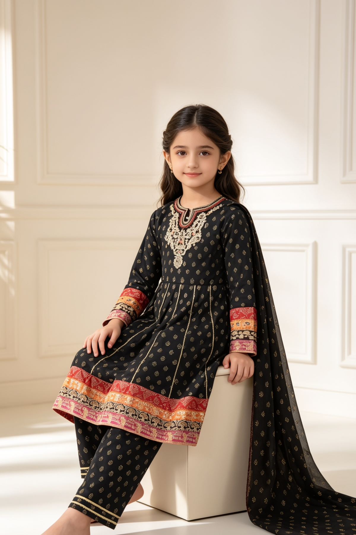 Motif Girls Embroidered Cotton Suit-26502