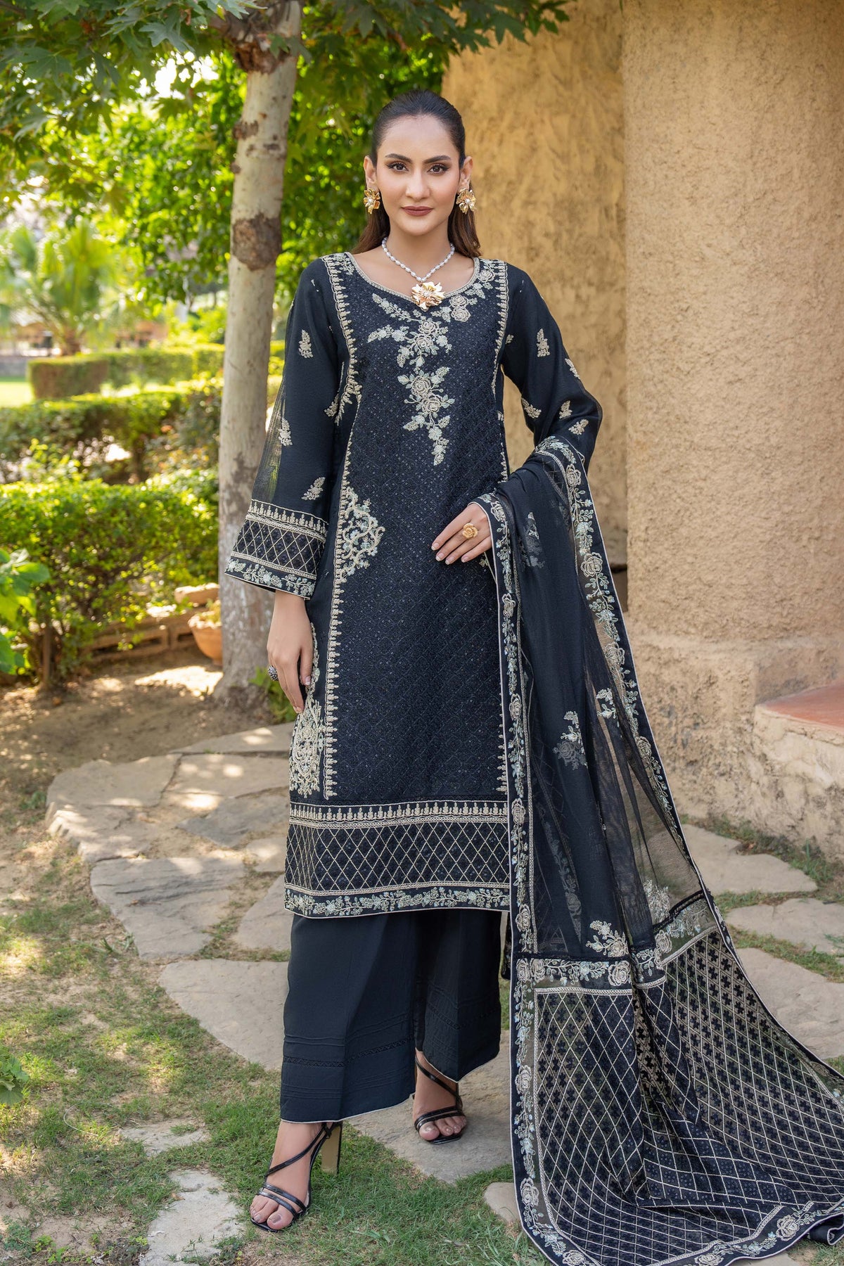 Motif  Khaddi Net  Embroidered Suit