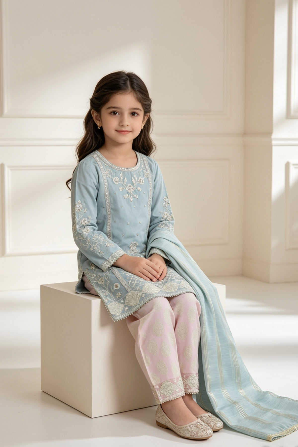 Motif Girls Embroidered Viscose Suit-725