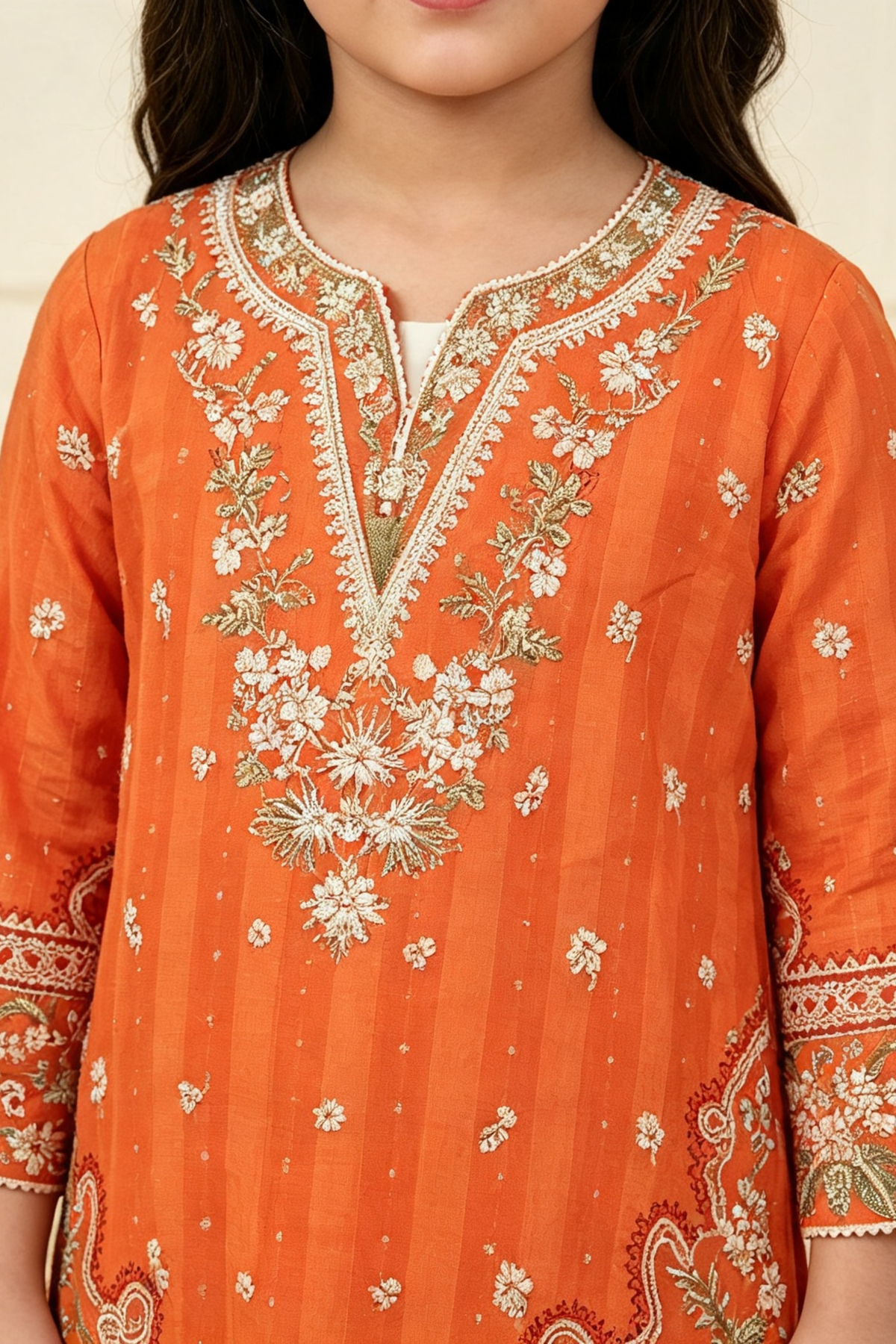 Motif Girls Embroidered Cambric Suit-063