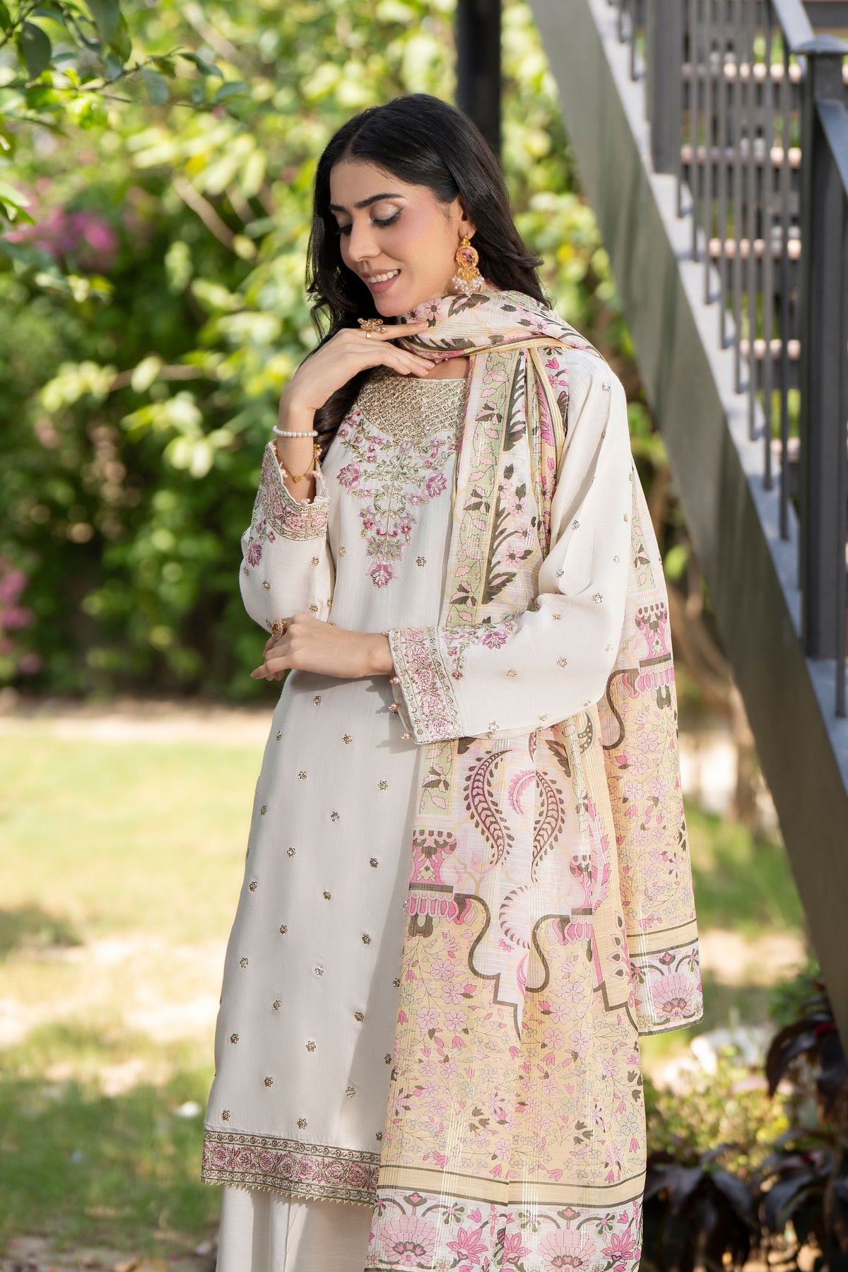 Motif Raw Silk Embroidered Suit-4095