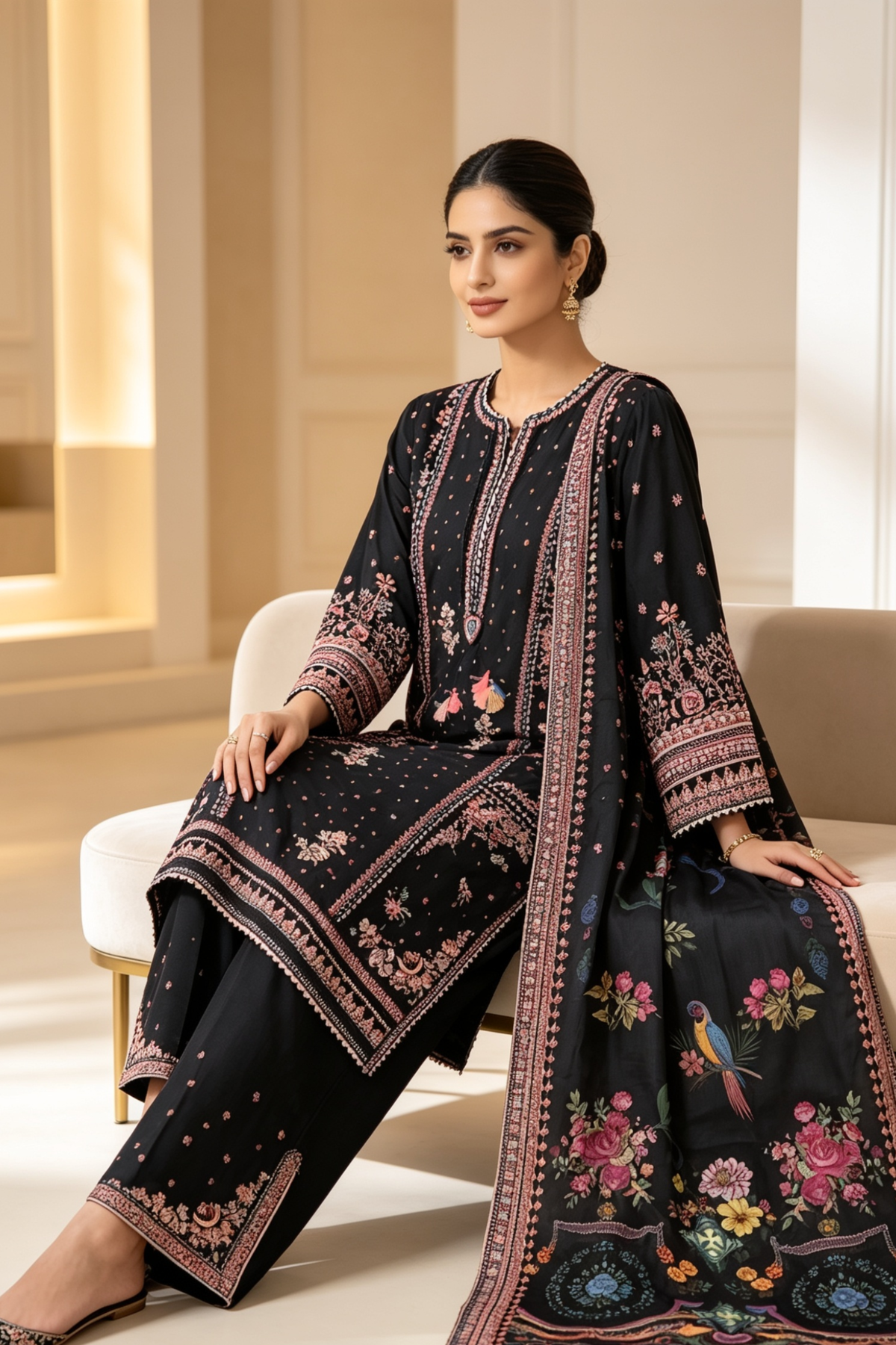 Motif Embroidered Cotton Suit-1841