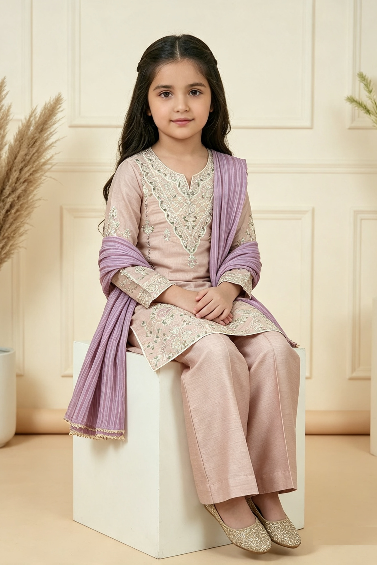 Motif Girls Embroidered Raw Silk Suit-731