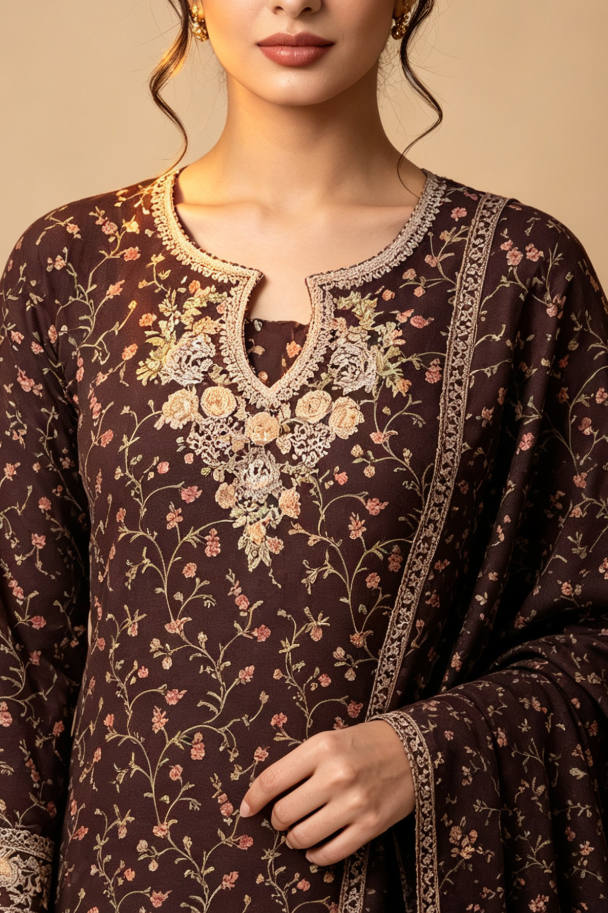 Motif Lawn Embroidered Suit-4126
