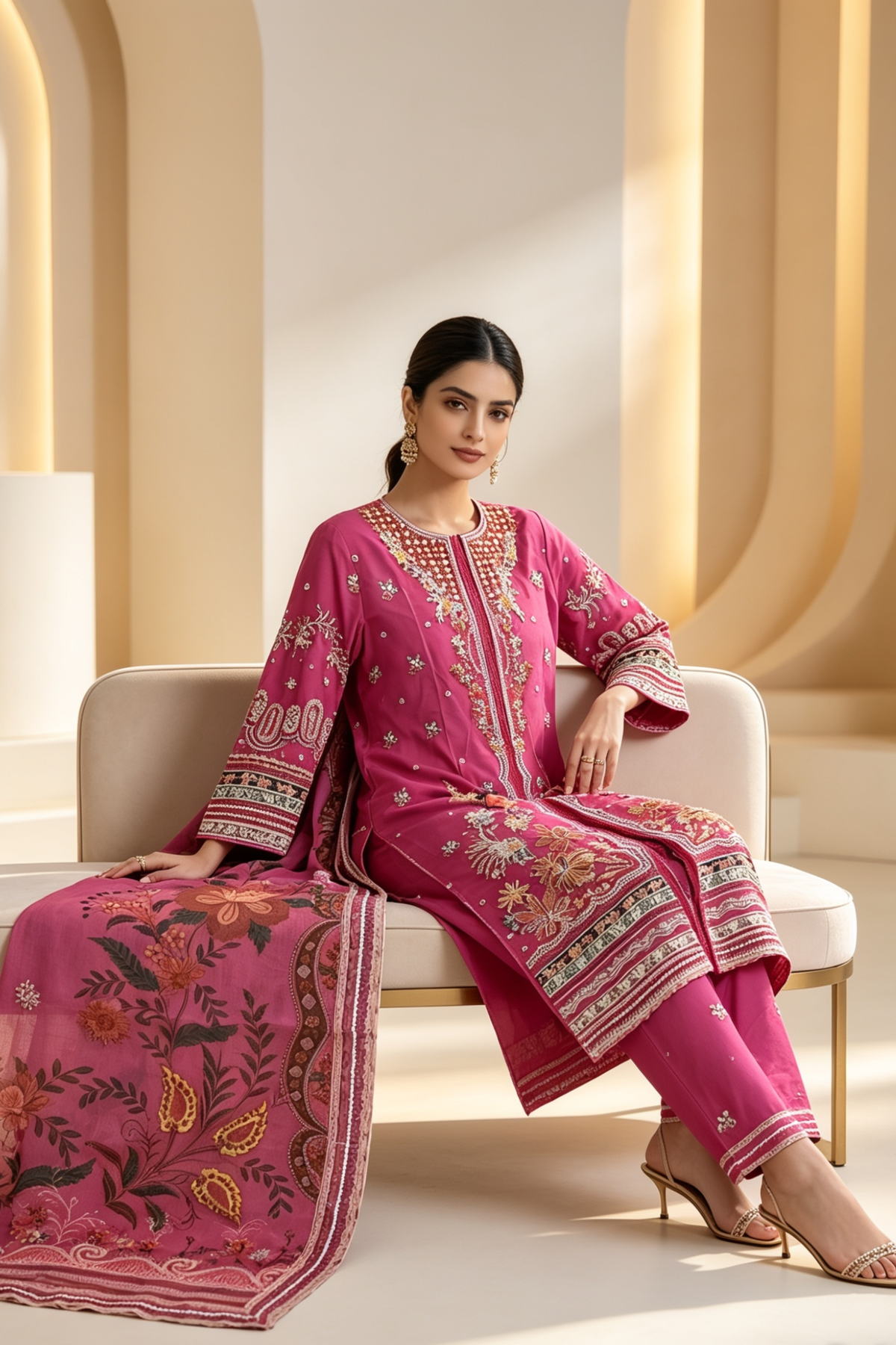 Motif Embroidered Cotton Suit-1837