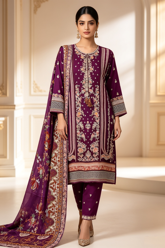 Motif Embroidered Cotton Suit-1840